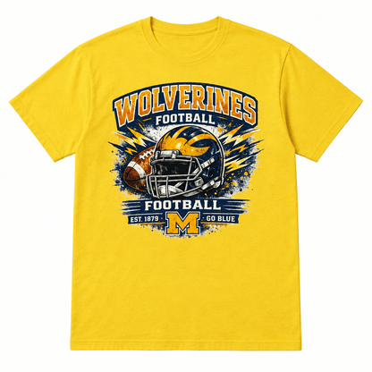 Yellow Wolverines Football Graphic T-Shirt – Large - The Bargains BasementYellow Wolverines Football Graphic T-Shirt – Large