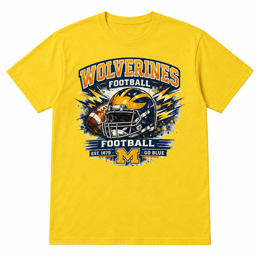 Yellow Wolverines Football Graphic T-Shirt – Large - The Bargains BasementYellow Wolverines Football Graphic T-Shirt – Large