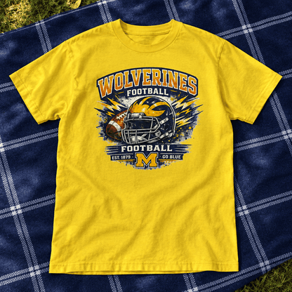 Yellow Wolverines Football Graphic T-Shirt – Large - The Bargains BasementYellow Wolverines Football Graphic T-Shirt – Large