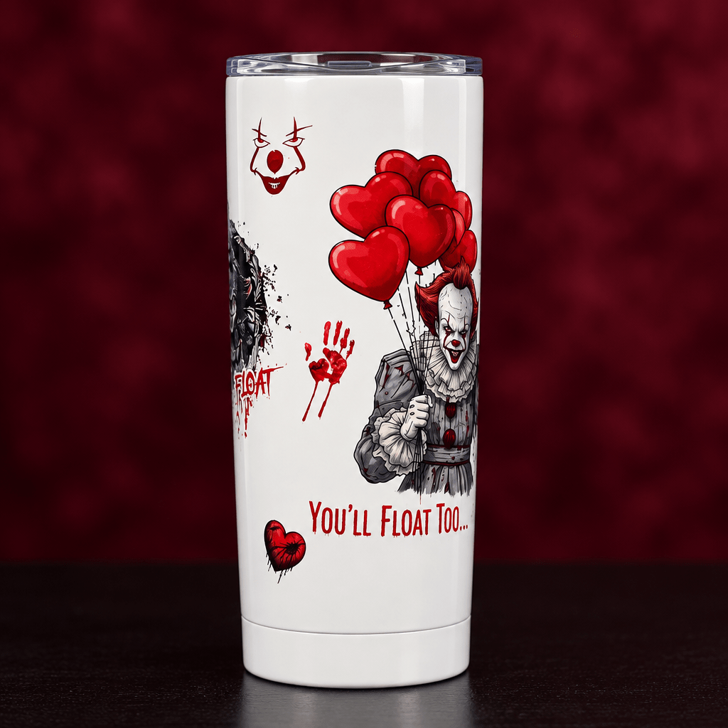 You’ll Float Too 20oz Tumbler – Handmade Horror Icons & Red Hearts - The Bargains BasementYou’ll Float Too 20oz Tumbler – Handmade Horror Icons & Red Hearts