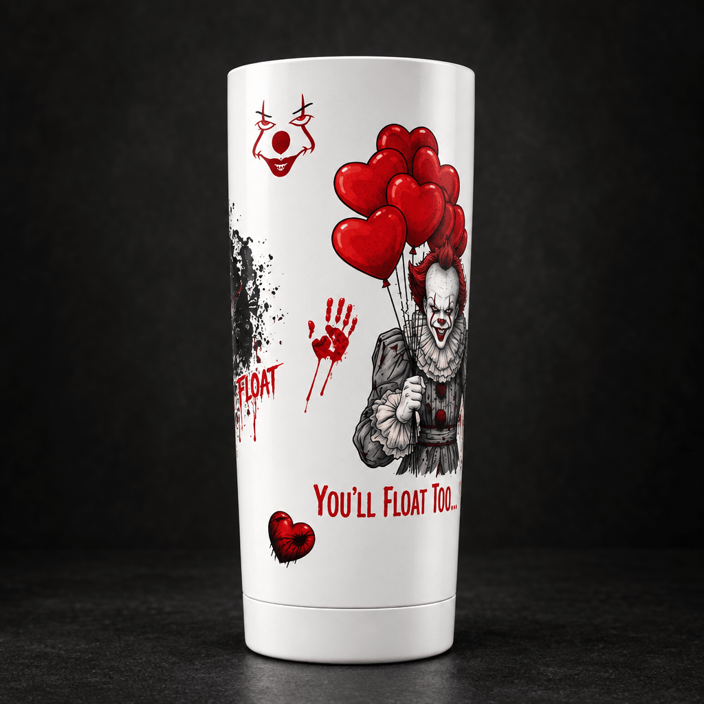 You’ll Float Too 20oz Tumbler – Handmade Horror Icons & Red Hearts - The Bargains BasementYou’ll Float Too 20oz Tumbler – Handmade Horror Icons & Red Hearts