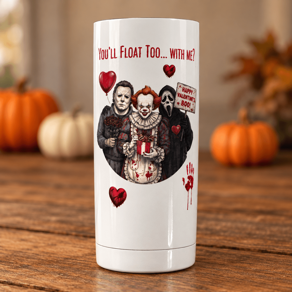 You’ll Float Too 20oz Tumbler – Handmade Horror Icons & Red Hearts - The Bargains BasementYou’ll Float Too 20oz Tumbler – Handmade Horror Icons & Red Hearts