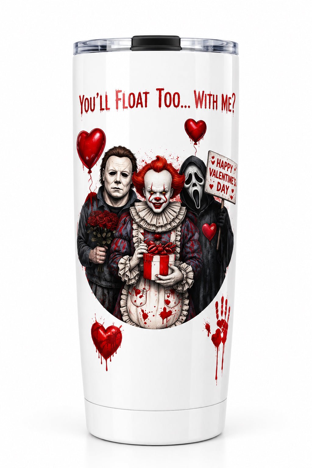 You’ll Float Too 20oz Tumbler – Handmade Horror Icons & Red Hearts - The Bargains BasementYou’ll Float Too 20oz Tumbler – Handmade Horror Icons & Red Hearts