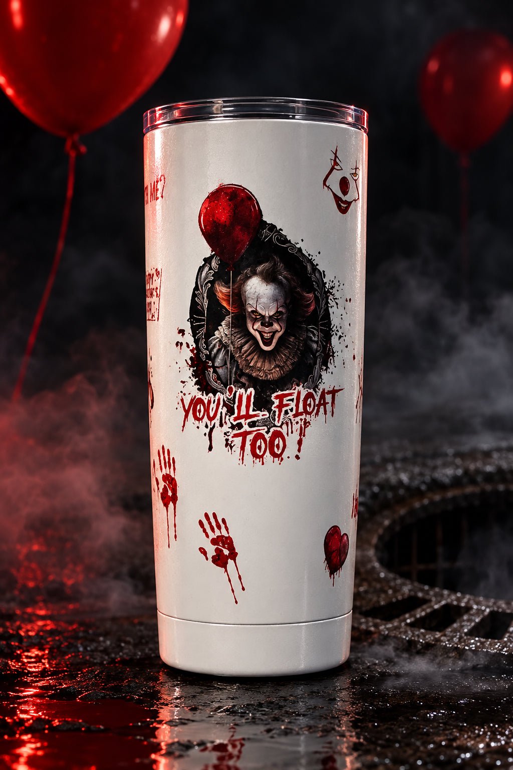 You’ll Float Too 20oz Tumbler – Handmade Horror Icons & Red Hearts - The Bargains BasementYou’ll Float Too 20oz Tumbler – Handmade Horror Icons & Red Hearts