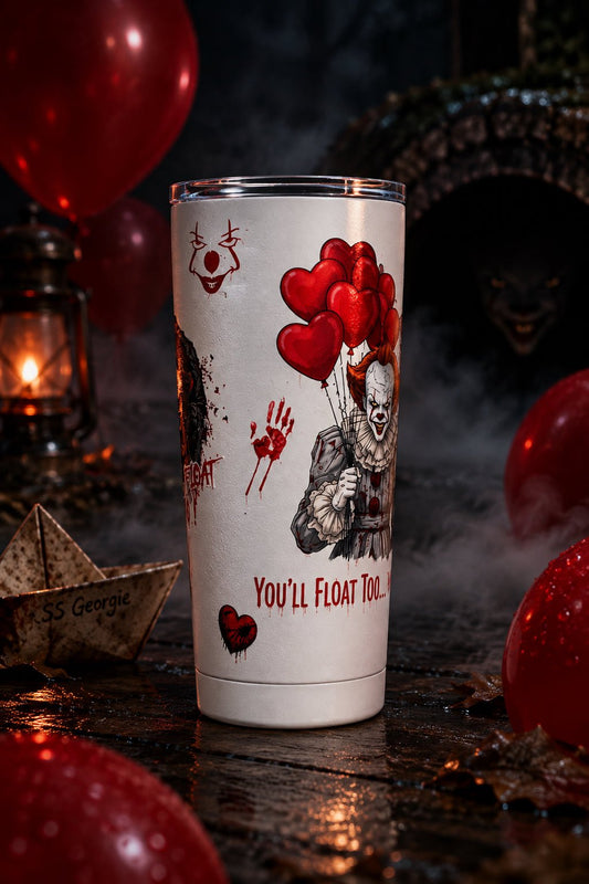 You’ll Float Too 20oz Tumbler – Handmade Horror Icons & Red Hearts - The Bargains BasementYou’ll Float Too 20oz Tumbler – Handmade Horror Icons & Red Hearts